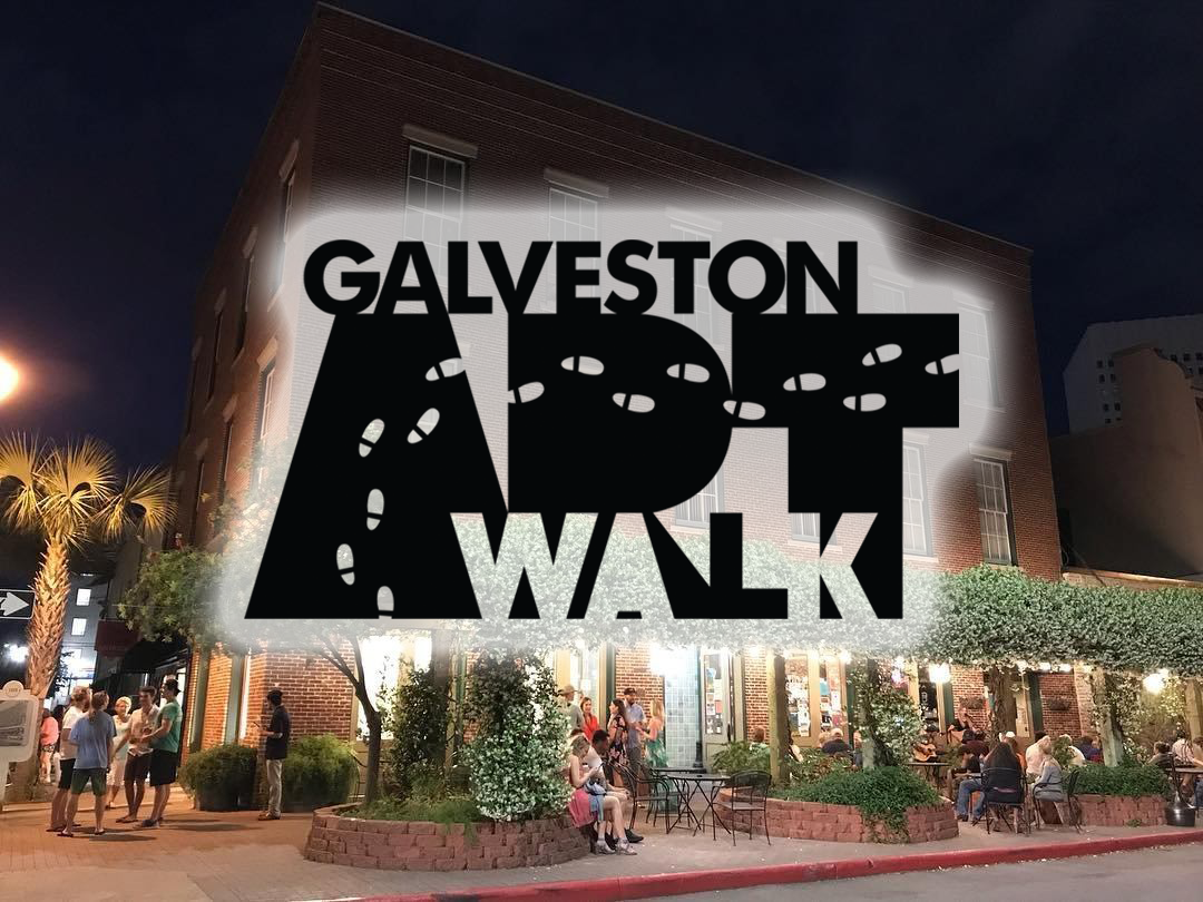 people walking around Downtown Galveston during ArtWalk with a graphic of "Galveston ArtWalk" covering most of the image