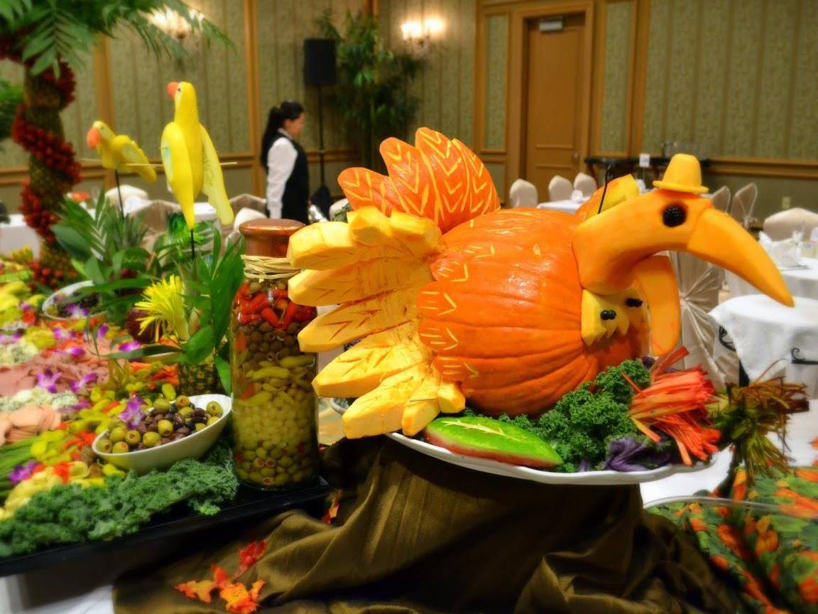 close-up of a turkey centerpiece made out of a pumpkin at The San Luis Resort