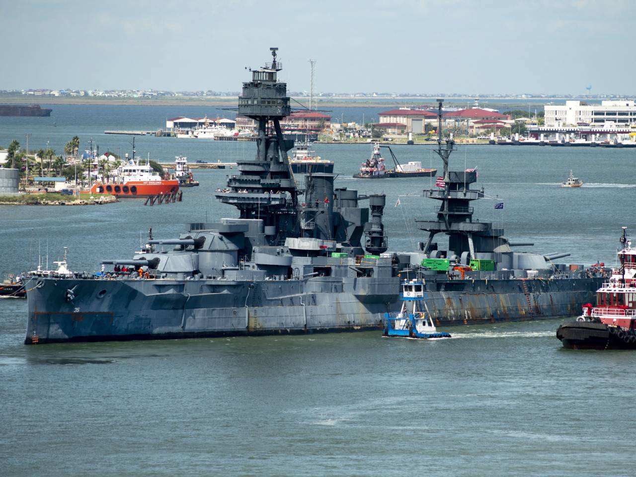 View of uss texas battleship dry docked in Galveston Texas