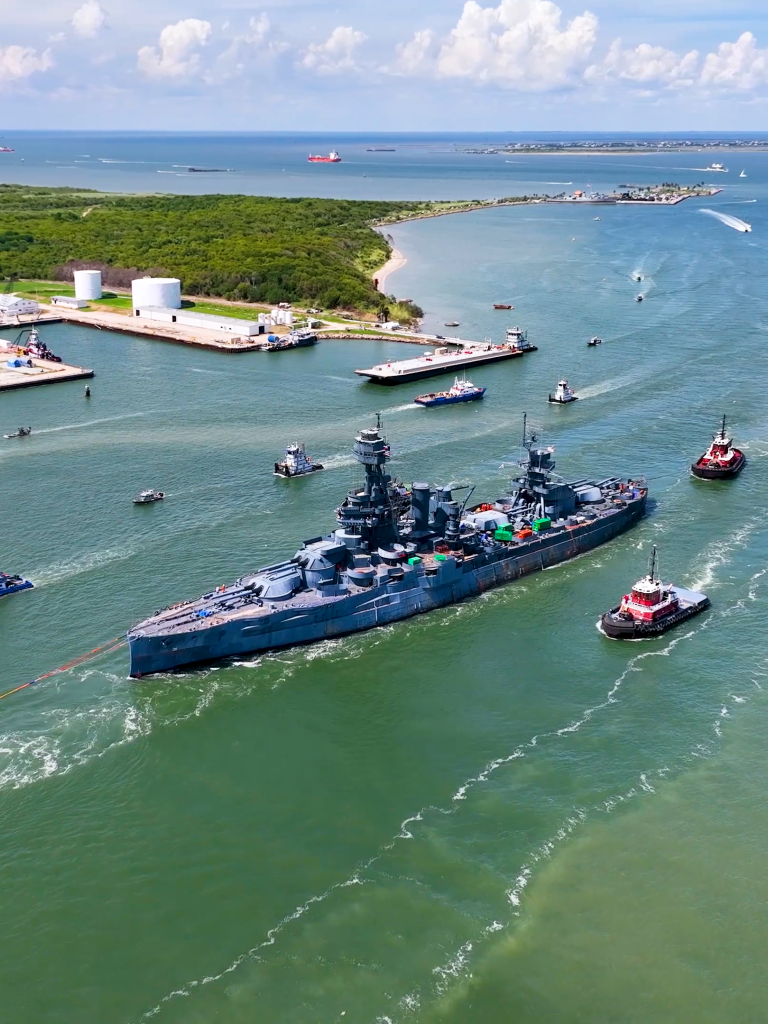 Aerial view of the USS Texas battleship located in Galveston Texas